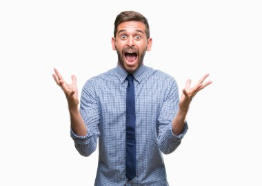 Genç yakışıklı iş adam deli kutluyor arka plan izole ve başarı için kaldırdı kollarını açarak hayrete ve heyecanlı çığlık gözleri açık. Kazanan kavramı