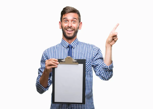 Young Handsome Business Man Holding Clipboard Isolated Background Very Happy — Stock Photo, Image