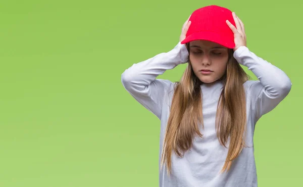 Όμορφη Κοπέλα Φορώντας Κόκκινο Καπάκι Απομονωμένη Φόντο Που Υποφέρουν Από — Φωτογραφία Αρχείου