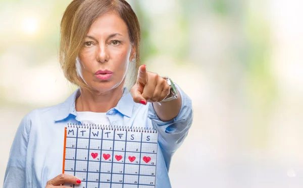 Middle Age Senior Hispanic Woman Holding Menstruation Calendar Isolated Background — Stock Photo, Image