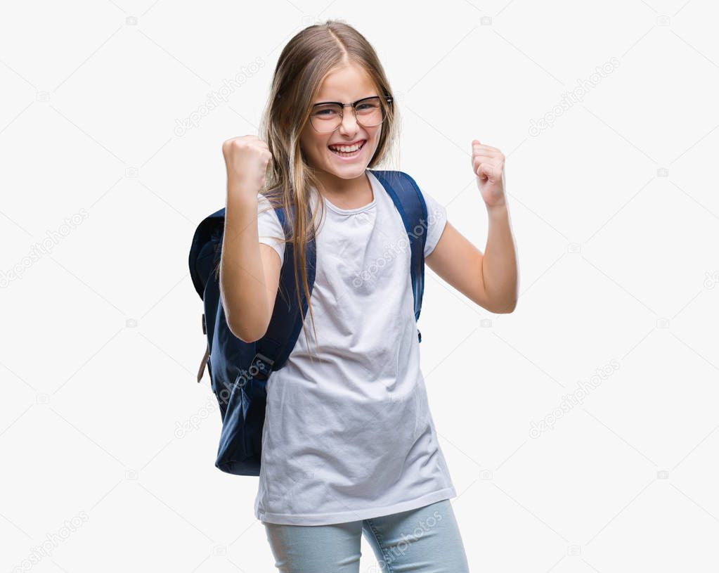 Young beautiful smart student girl wearing backpack over isolated background very happy and excited doing winner gesture with arms raised, smiling and screaming for success. Celebration concept.