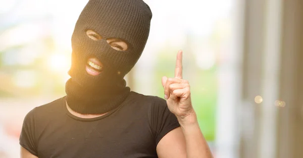 Burglar Terrorist Woman Wearing Balaclava Ski Mask Pointing Away Side — Stock Photo, Image
