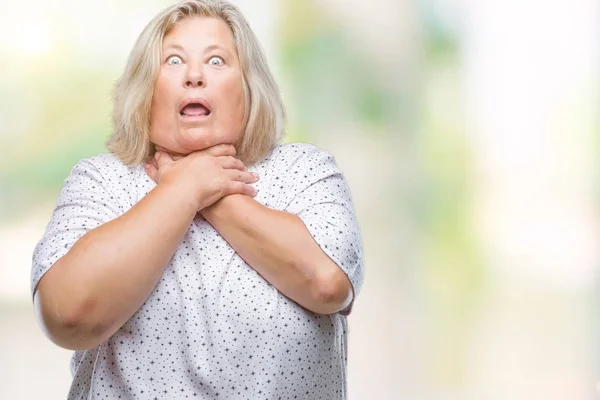 Senior Size Caucasian Woman Isolated Background Shouting Suffocate Because Painful — Stock Photo, Image