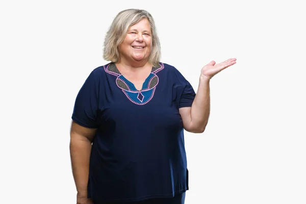 Senior Size Caucasian Woman Isolated Background Smiling Cheerful Presenting Pointing — Stock Photo, Image