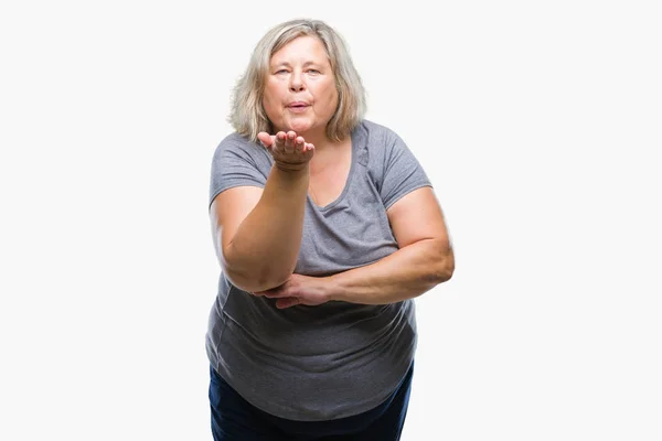 Senior Size Caucasian Woman Isolated Background Looking Camera Blowing Kiss — Stock Photo, Image