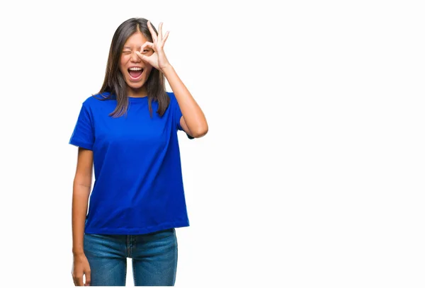 Young Asian Woman Isolated Background Doing Gesture Hand Smiling Eye — Stock Photo, Image