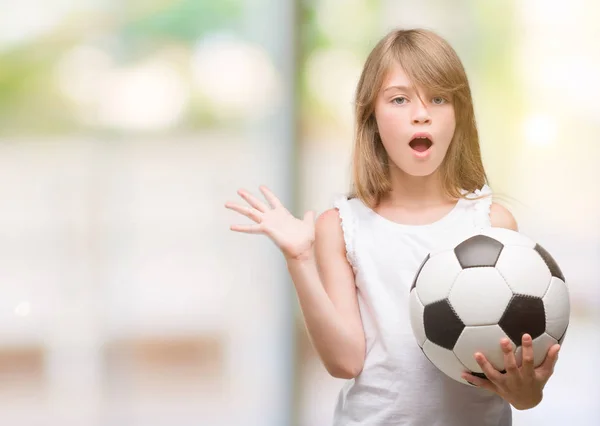 Jovem Criança Loira Segurando Bola Futebol Muito Feliz Animado Expressão — Fotografia de Stock