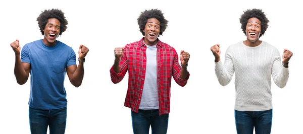 Collage Afroamerikanska Ung Stilig Man Över Isolerade Bakgrund Firar Överraskad — Stockfoto