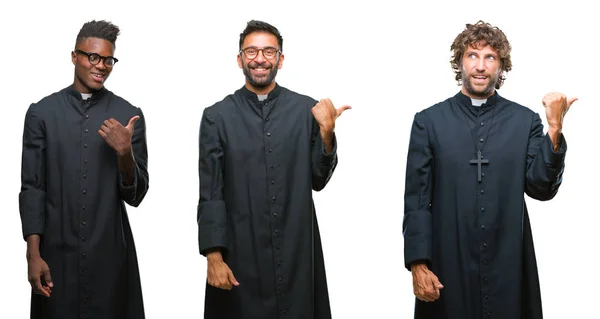 幸せそうな顔見ると側を親指で指す笑みを浮かべて孤立の背景以上のキリスト教の司祭男性のコラージュ — ストック写真