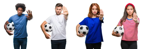 Colagem Pessoas Segurando Bola Futebol Sobre Fundo Isolado Com Mão — Fotografia de Stock