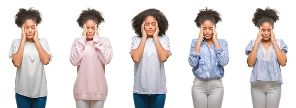 Коллаж Африканской Американки Изолированном Фоне Рукой Голове Боли Голове Стресса — стоковое фото