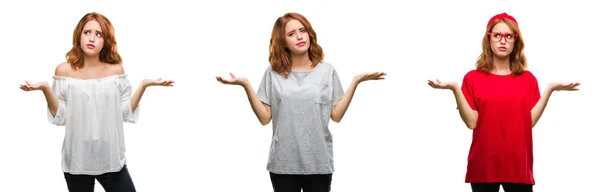 Collage Young Beautiful Redhead Woman Isolated Background Clueless Confused Expression — Stock Photo, Image