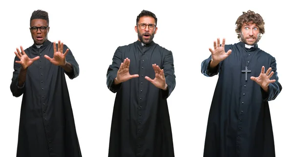 Collage Hombres Sacerdotes Cristianos Sobre Fondo Aislado Asustados Aterrorizados Por —  Fotos de Stock