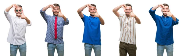 Colagem Jovem Homem Hispânico Negócios Sobre Fundo Isolado Sorrindo Fazendo — Fotografia de Stock