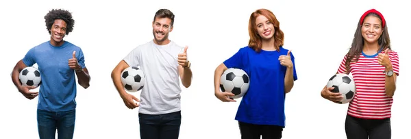 Collage People Holding Football Soccer Ball Isolated Background Happy Big — Stock Photo, Image