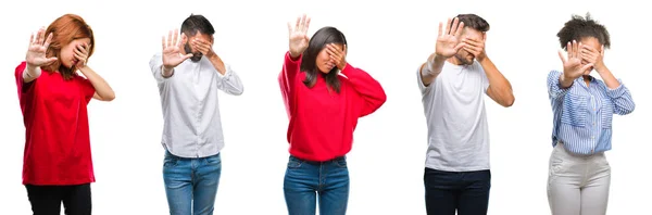 Collage Van Groep Chinese Indische Hispanic Mensen Geïsoleerde Achtergrond Die — Stockfoto