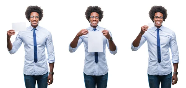 Colagem Africano Americano Jovem Homem Negócios Segurando Cartão Papel Branco — Fotografia de Stock