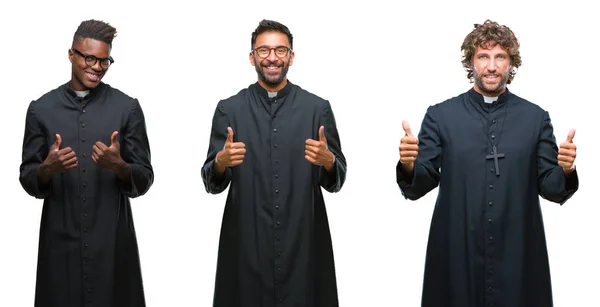 Collage Hombres Sacerdotes Cristianos Sobre Signo Éxito Fondo Aislado Haciendo —  Fotos de Stock