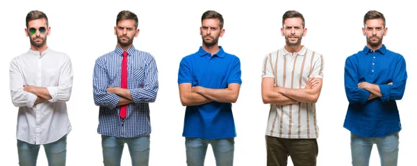 Collage Eines Jungen Hispanischen Geschäftsmannes Mit Isoliertem Hintergrund Skeptisch Und — Stockfoto