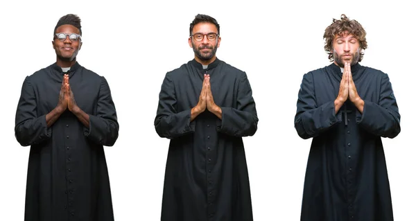 Collage Hombres Sacerdotes Cristianos Sobre Fondo Aislado Rezando Con Las —  Fotos de Stock
