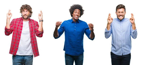 Collage Hombres Afroamericanos Hispanos Sobre Fondo Aislado Sonriendo Cruzando Los —  Fotos de Stock