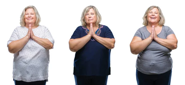 Colagem Mulher Gorda Sênior Sobre Fundo Isolado Orando Com Mãos — Fotografia de Stock