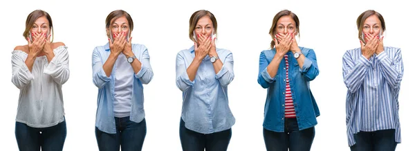 Collage Einer Hispanischen Frau Mittleren Alters Vor Isoliertem Hintergrund Die — Stockfoto