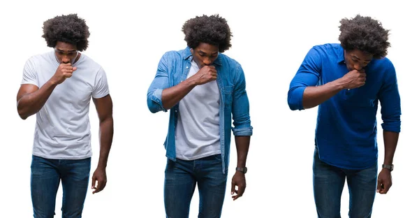 非洲裔美国青年裸男和商人的拼贴画在孤立的背景下感觉不适和咳嗽为感冒或支气管炎的症状 医疗保健理念 — 图库照片