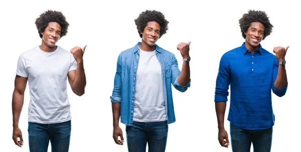 アフリカ系アメリカ人の若い上半身裸男と幸せそうな顔見ると側を親指で指す笑みを浮かべて隔離された背景の上ビジネス男のコラージュ — ストック写真