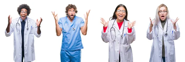 Collage Group Doctor Nurse Surgeon People Isolated Background Celebrating Crazy — Stock Photo, Image