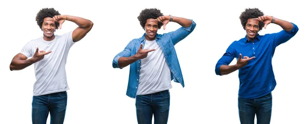 アフリカ系アメリカ人の若い上半身裸の男と笑顔と幸せそうな顔で指手作りフレーム分離の背景上のビジネスマンのコラージュ 創造性と写真のコンセプト — ストック写真