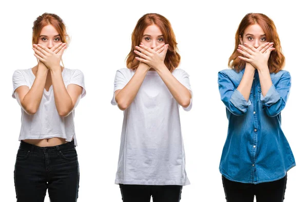 Collage Von Jungen Schönen Rothaarigen Frau Vor Isoliertem Hintergrund Schockiert — Stockfoto