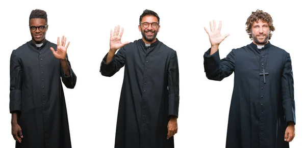 Collage Hombres Sacerdotes Cristianos Sobre Fondo Aislado Mostrando Apuntando Hacia —  Fotos de Stock