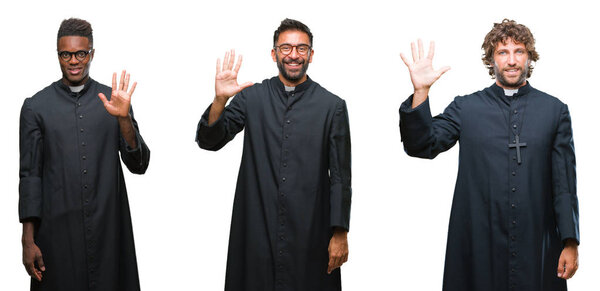 Collage of christian priest men over isolated background showing and pointing up with fingers number five while smiling confident and happy.