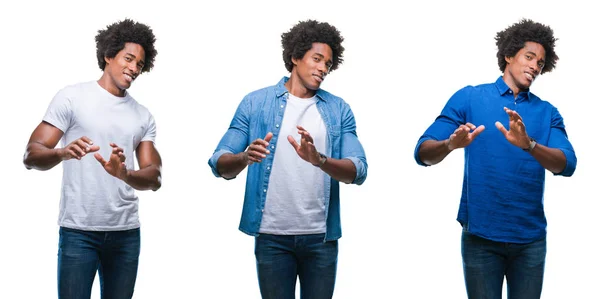 非洲裔美国年轻人的拼贴画和商业人在孤立的背景下反感表达 不高兴和害怕做厌恶的脸 因为反感反应 恼人的概念 — 图库照片