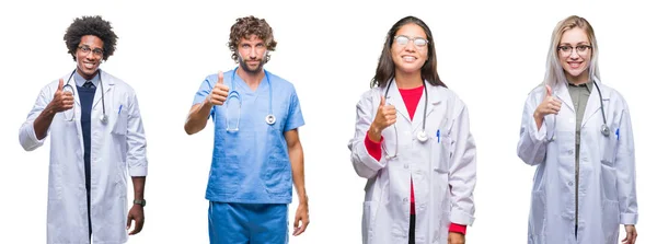 간호사 사람들이 엄지손가락 손으로 제스처를 콜라주 성공을 보여주는 카메라 — 스톡 사진