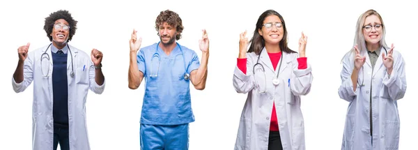 Colagem Grupo Médicos Enfermeiros Cirurgiões Sobre Fundo Isolado Sorrindo Cruzando — Fotografia de Stock