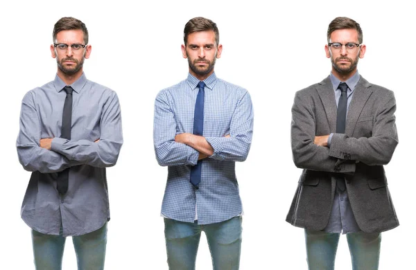 Collage Joven Empresario Hispano Sobre Fondo Aislado Escéptico Nervioso Desaprobando —  Fotos de Stock