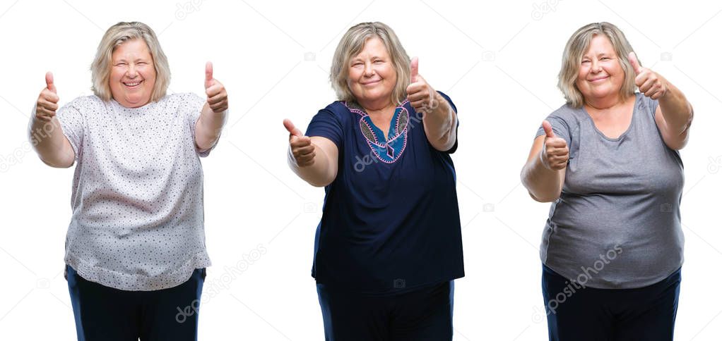 Collage of senior fat woman over isolated background approving doing positive gesture with hand, thumbs up smiling and happy for success. Looking at the camera, winner gesture.