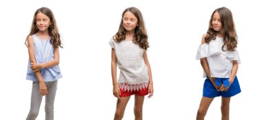 İspanyol Genç çocuk görünümlü yan ve dik dik bakma uzağa düşünce gülümseyen izole arka plan üzerinde kolaj.