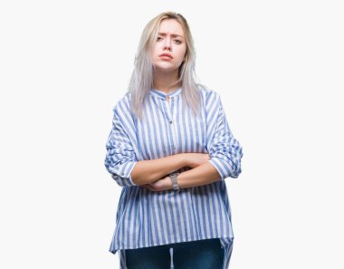 Genç Sarışın kadın izole arka plan şüpheci ve gergin