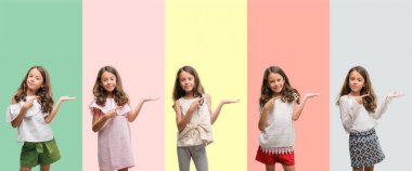 Esmer Latin kız hayrete ve el ile sunulması ve parmak ile işaret ederken kameraya gülümseyen farklı kıyafetler giyen kolaj.