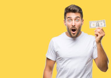 Yakışıklı delikanlı dolar izole arka plan üzerinde bir sürpriz yüz, korkuyor ve heyecanlı korku ifadesi ile şok korkmuş holding