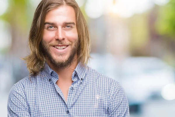 Young Handsome Man Long Hair Isolated Background Happy Face Smiling — Stock Photo, Image