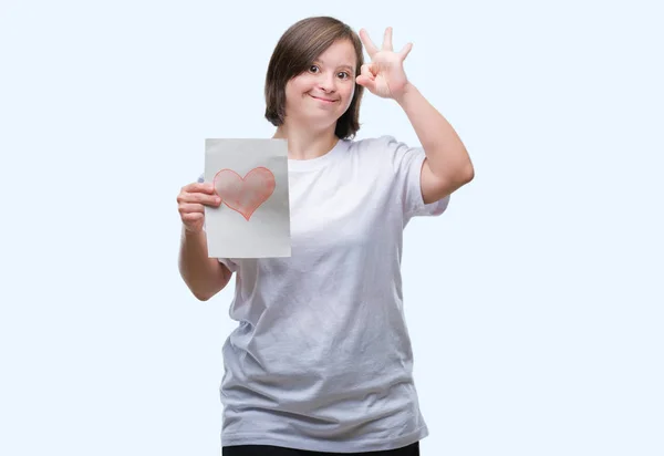 Young Adult Woman Syndrome Holding Red Heart Card Isolated Background — Stock Photo, Image