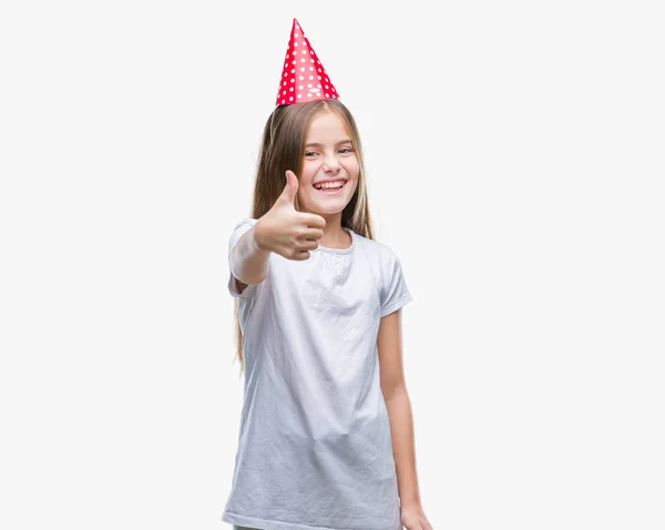 Mooi Meisje Verjaardag Glb Dragen Geïsoleerde Achtergrond Gelukkig Duimschroef Opwaarts — Stockfoto