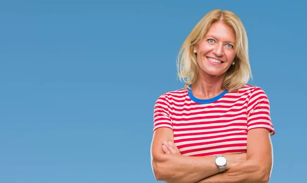 Mujer Rubia Mediana Edad Sobre Fondo Aislado Cara Feliz Sonriendo —  Fotos de Stock