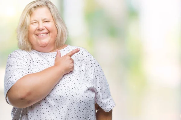 Senior Size Caucasian Woman Isolated Background Cheerful Smile Face Pointing — Stock Photo, Image
