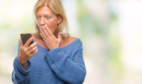 Middle Age Blonde Woman Sending Message Using Smartphone Isolated Background — Stock Photo, Image
