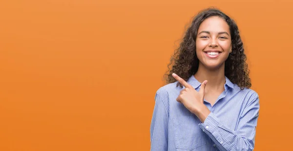 Young Hispanic Business Woman Cheerful Smile Face Pointing Hand Finger — Stock Photo, Image